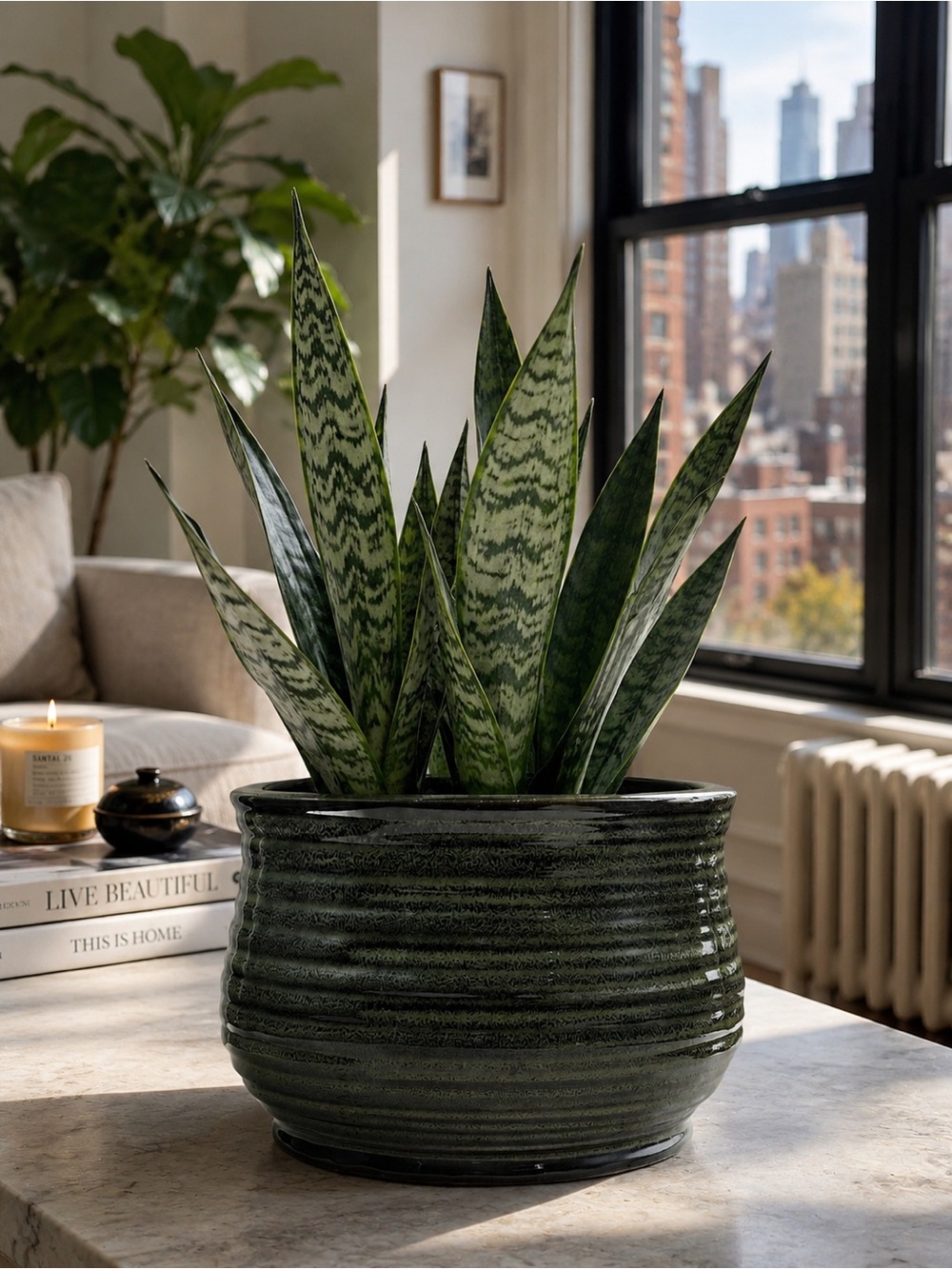 Green Ceramic Planter Pot with Drainage Hole, 8 Inch Ribbed Round Flower Pot